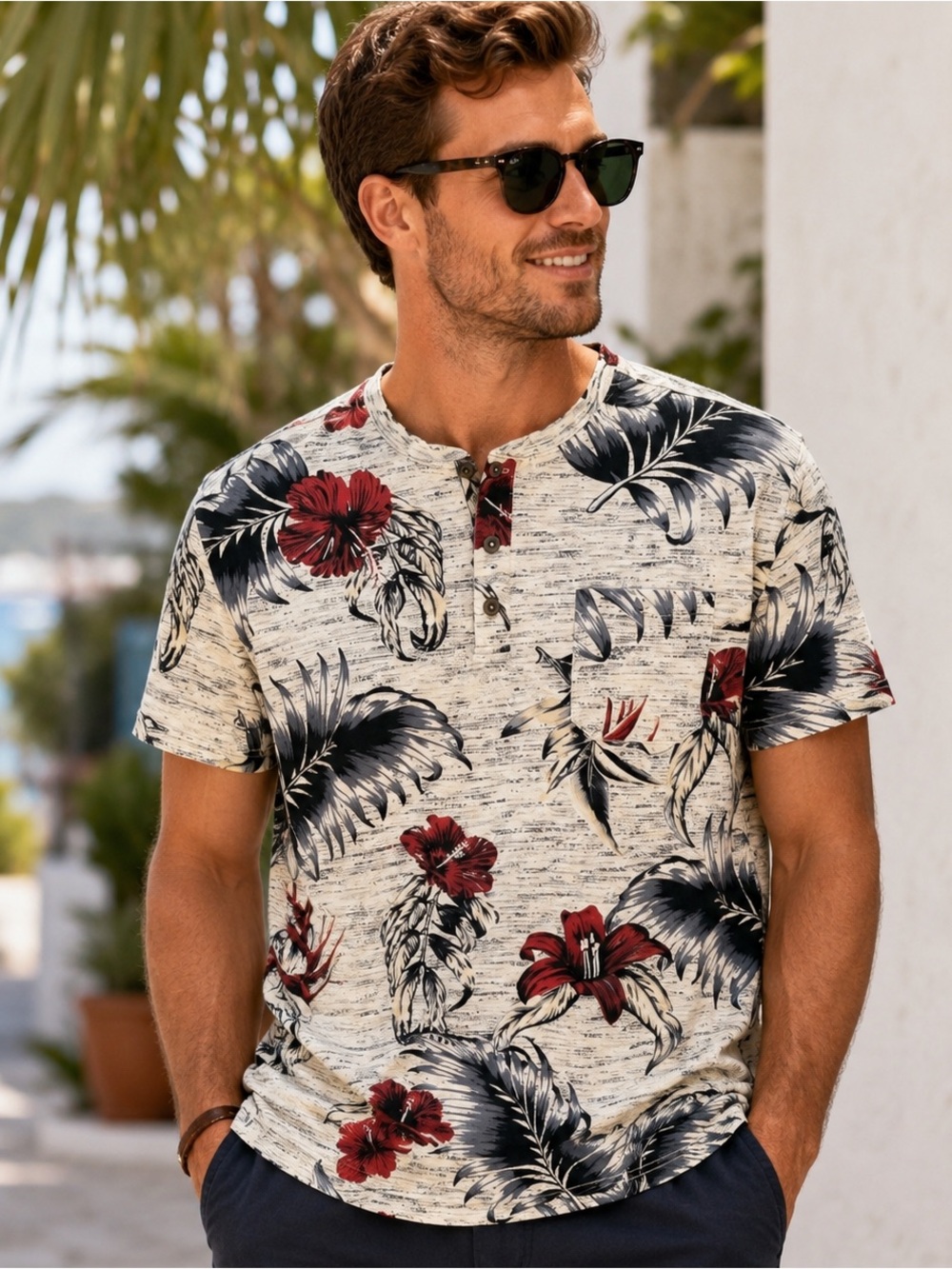 Craft + Flow Voyage Tropical Floral Henley Shirt Men’s Large Cotton Resort Beach